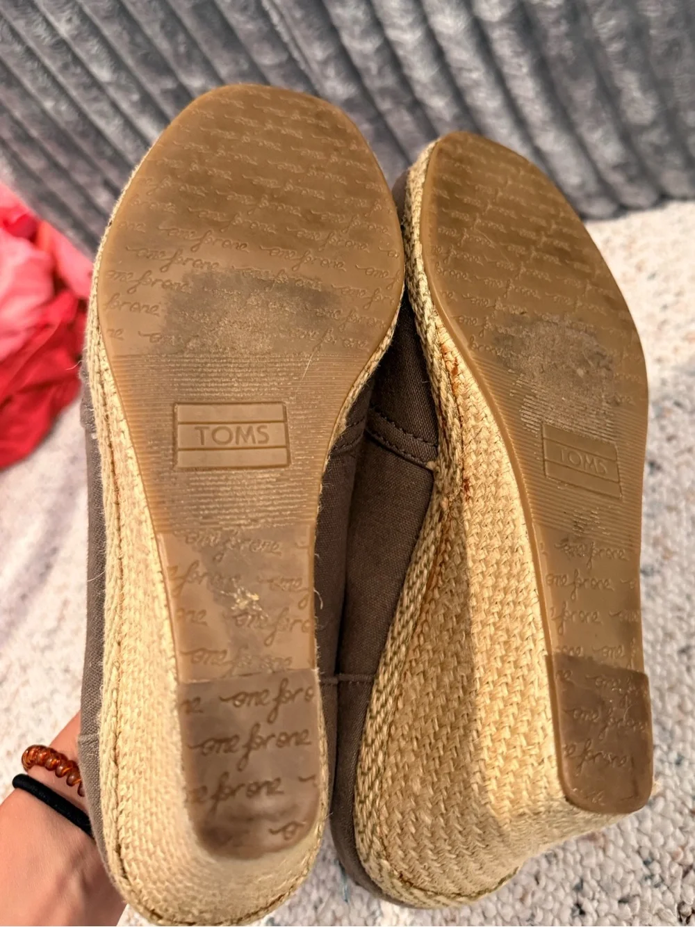 TOMS Taupe Canvas Peep-Toe Espadrille Wedges Size 8